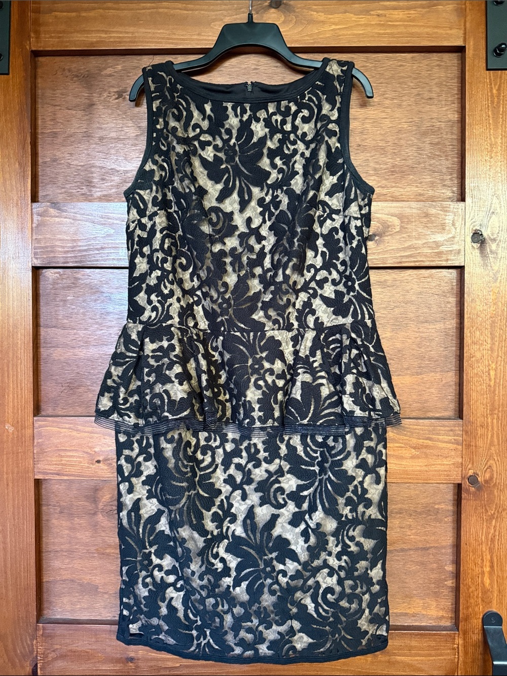 Tadashi Shoji Black Lace Peplum Dress with Nude Underlay